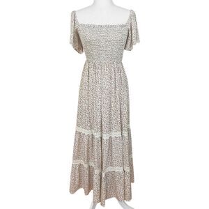 In Loom Smocked Bodice Maxi Dress Size L Ditsy Floral Flutter Sleeves Lace Trim